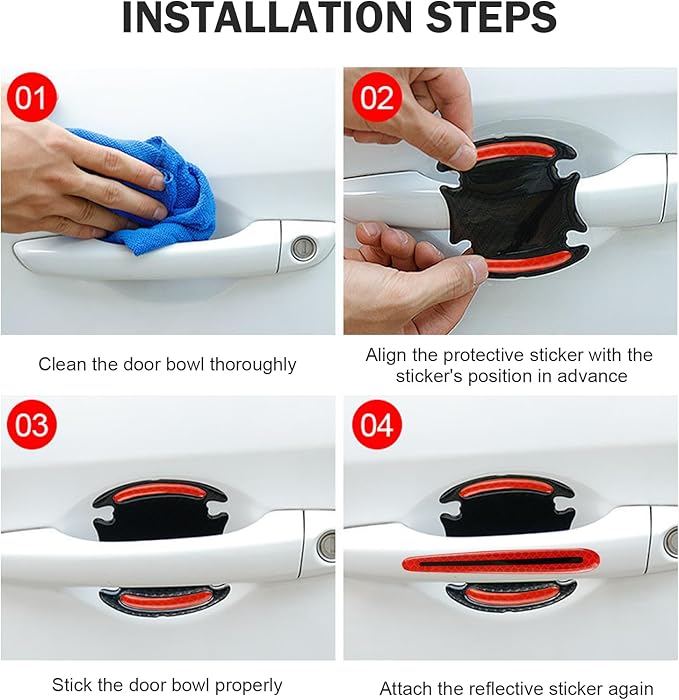 8PCS 3D Carbon Fiber Car Door Handle Protector Sticker, Universal Auto Door Handle Anti Scratch Cover Guard, Car Outdoor Safety Reflective Strips, Paint Guard Protective Films(Red)