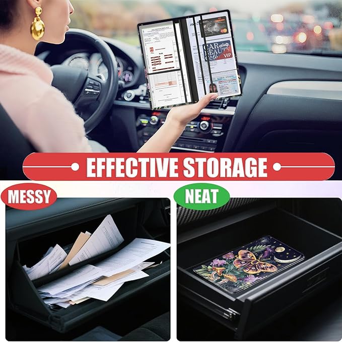 Car Registration Holder, PU Leather Vehicle Card Document Glove Box Organizer, Women Interior Auto Accessories Case for Cards, Driver License Car Insurance Holder, Magical Moth Moonlit and Mushrooms
