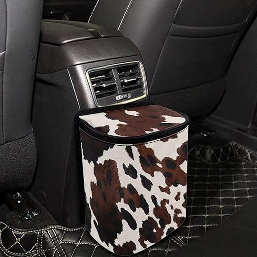 KEIAHUAN Brown Cow Car Trash Can with Zipper-Closed Lid for Back Seat Collapsible Portable Auto Garbage Bag Large Capacity Trashcan Storage Bag for Cars, Sedans, SUVs & Trucks
