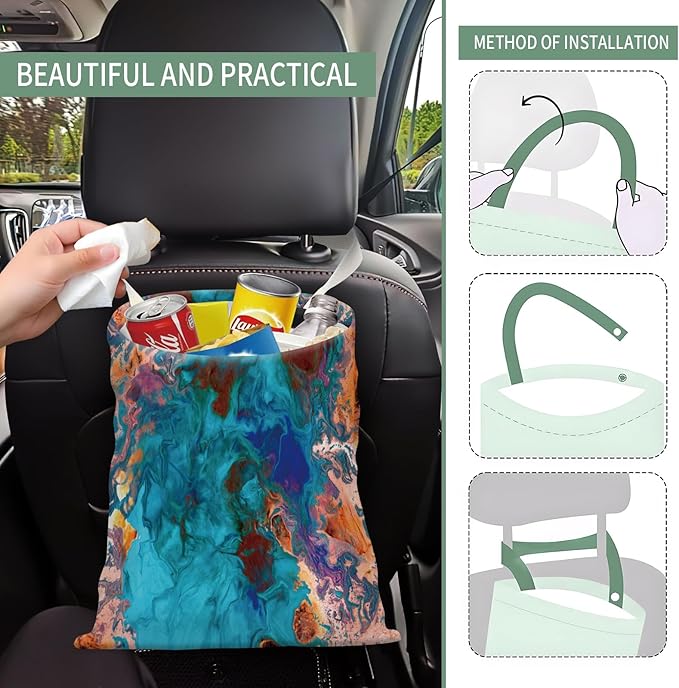 AXZOPDE Cute Car Trash Can, Hanging Canvas Car Back Seat Organizer and Storage Bag, Funny Car Trash Bag for Travelling, Outdoor Abstract Blue Orange Print