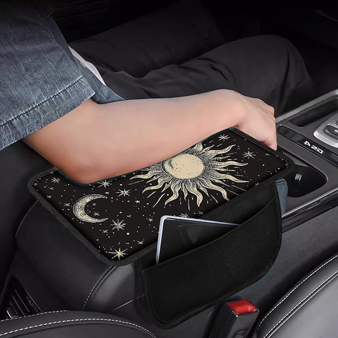 Boatee Sun and Moon Car Center Console Cover Car Console Organizer Universal Console Cushion with 2 Pockets Arm Rest Cover for Car Armrest Seat Box Cover Protector Interior Protector Black