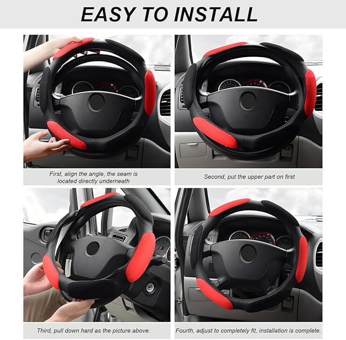 Car Steering Wheel Cover, 15" Anti-Slip Steering Wheel Protector Soft Hand Pad Cushion, Breathable Ice Silk Auto Wheel Wraps Comfy Grip All-Season Protector for Most Vehicles (Black & Red)