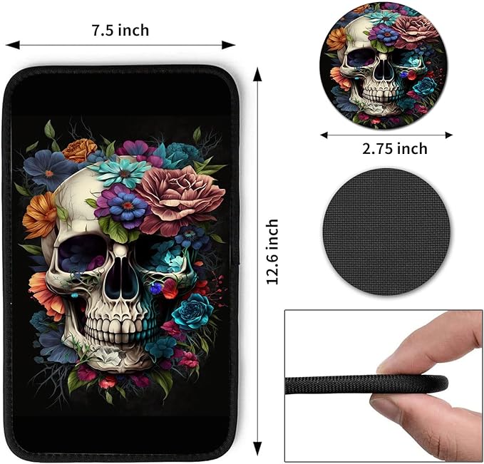 Auto Center Console Cover Arm Rest Cover for Car Truck,Universal Waterproof Car Armrest Cover Pad Middle Console Storage Box Covering Protector+Car Coasters-Skull Flower