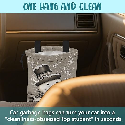 KXWQTRDD Car Garbage Bag Cute Snowman Falling Snowflakes Hanging Canvas Car Trash Bag Drawstring Car Back Seat Organizer for Car Back Front Seat Console with Adjustable Buckle