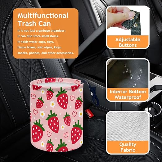 Strawberry and Flower Car Trash Can Waterproof Garbage Can Car-Seat Back Hanging Trash Bag Portable Camping Waste Bin Storage Bag Collapsible Rubbish Container for Women Car (5.9" W,7.2" H)