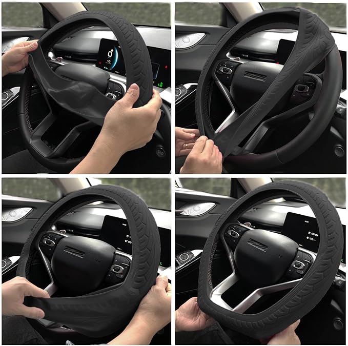 Universal Steering Wheel Cover：13.5 to 15 Inches Stretchable Silicone Anti Skid Steering Wheel Protector Fit for Most Car Models Including Round D Shape or Special Shape (Black)