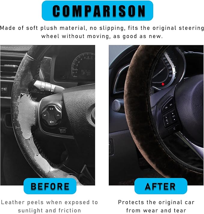 Augeny Fuzzy Car Steering Wheel Cover, Anti-Slip Soft Plush Steering Wheel Protector, 15 Inch Elastic Wheel Covers, Universal Vehicle Interior Winter Warm Accessories for Men Women (Coffee)