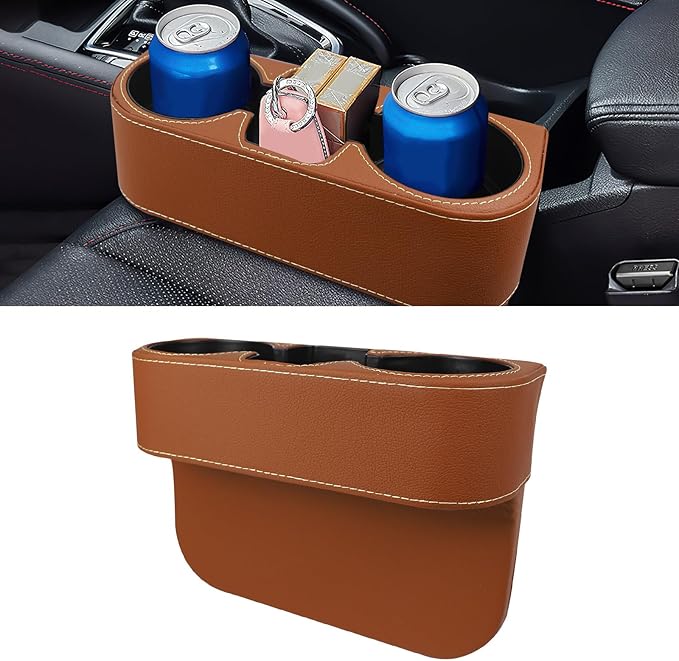 Car Cup Holder, Multifunctional Auto Drink Holder Gap Filler Storage Box, Leather Car Seat Organizer with Cup Holder, Universal Vehicle Front Seat Organizer for Bottle Phone (Brown)