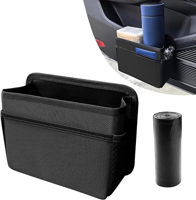 Car Trash Can, Foldable Mini Car Trash Can with 1 Roll Garbage Bag, Hanging Vehicle Garbage Organizer Holder, Automotive Interior Accessories Waterproof Storage Box (Black)