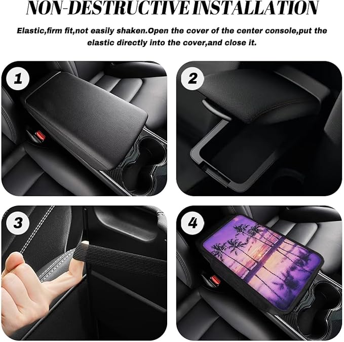 Dreaweet Purple Beach Palm Tree Center Console Cover with Pockets,Hawaiian Style Car Armrest Cover for Women Soft Car Arm Rest Cover Pad,Universal Center Covers for Car SUV Trucks