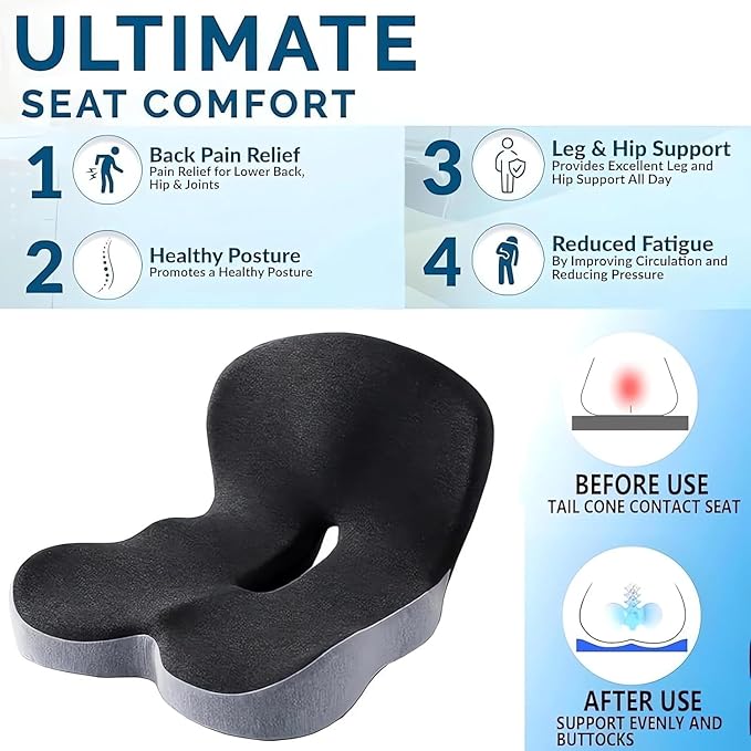 L-Shaped Memory Foam Seat Cushion with Lumbar Support-Ergonomic Car & Office Chair Cushion for Sciatica, Coccyx & Back Pain Relief Supports Hips & Back for Drivers & Long Sitting (Blue Gray)