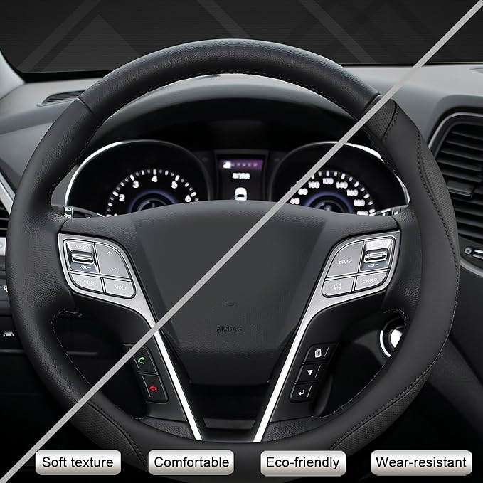 West Llama Customized Auto Car Steering Wheel Cover for Hyundai,Tucson,Sonata,Elantra,Santa Fe,Genesis,Sonata Hybrid,Azera,Venue,Kona, 14.5-15 inches(Black - Standard Size)