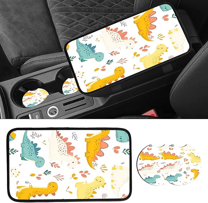 JANENFNA Car Armrest Cover Pads Universal Fashion Cute Auto Center Console Armrest Cover Pad with 2PCS Car Coasters Soft Waterproof Car Armrest Seat Protector for Women,Cute Dinosaur