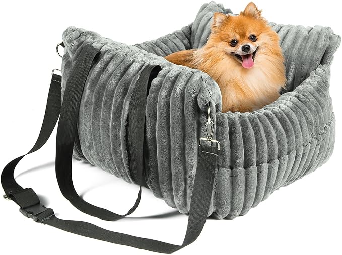 HOMLOVE Dog Car Booster Seat, for Small Dogs Under 30 lbs, Detachable Washable Travel Bed with Storage Pockets and Safety Belt (Grey, Medium)