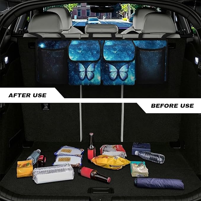 Hanging Car Trunk Organizer Blue Galaxy Space Butterfly Car Organization Women Collapsible Cargo Bag with 4 Storage Bags,Easy to Install