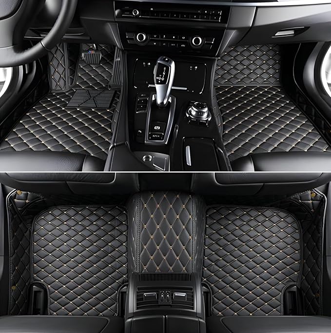 Custom Leather Car Mats, Vehicle-Specific Fit All-Weather Floor Mats, 100% Waterproof Anti-Slip Durable Protection for SUV Truck Sedan, Precision Tailored Protection (Black Gold)