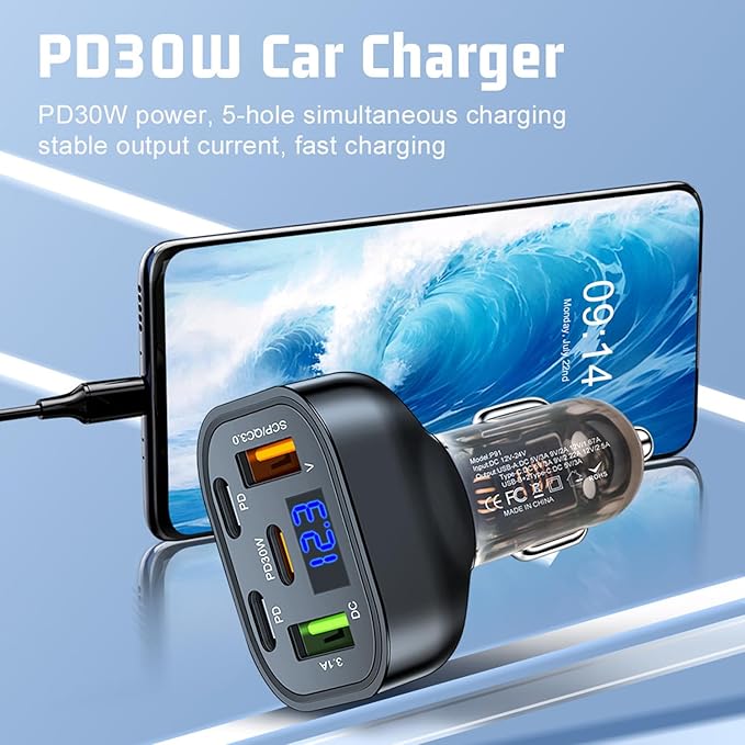 5 Ports PD30W LED Voltage Display QC3.0 Fast Charge Multi Port USB C Car Charger Cigarette Lighter Adapter Compatible with iPhone 16 15 14 13 12 11 Pro Max Plus Samsung Galaxy S24 S23 and More