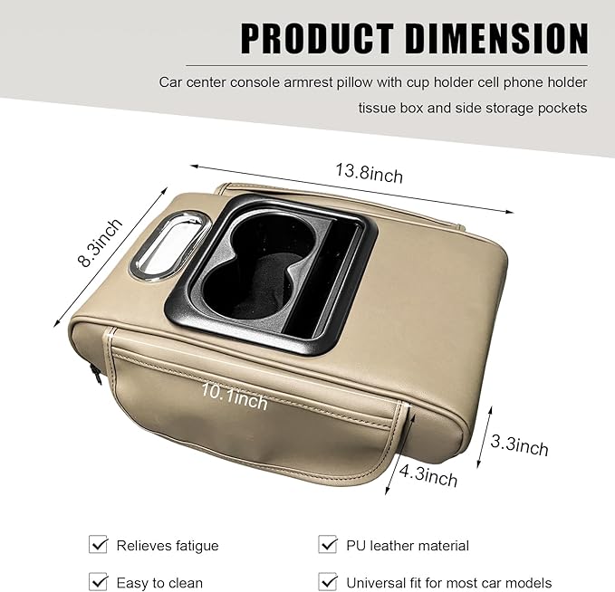 Car Center Console Armrest Pillow, Leather Arm Rest Cover Pad with 2 Storage Pockets Cup Holder & Phone Slot, Soft Middle Console Cushion Protector for Most Vehicles (Beige, Normal)