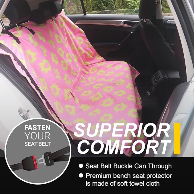 LoyaGour Back Seat Cover for Car Trucks Van SUV,Waterproof Rear Bench Towel Seat Covers for Dogs and Kids,Automotive Backseat Protector (Flower and Pink)