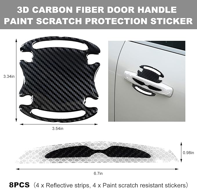 8PCS Universal Car Door Handle Scratch Protector, 3D Carbon Fiber Reflective Sticker, White