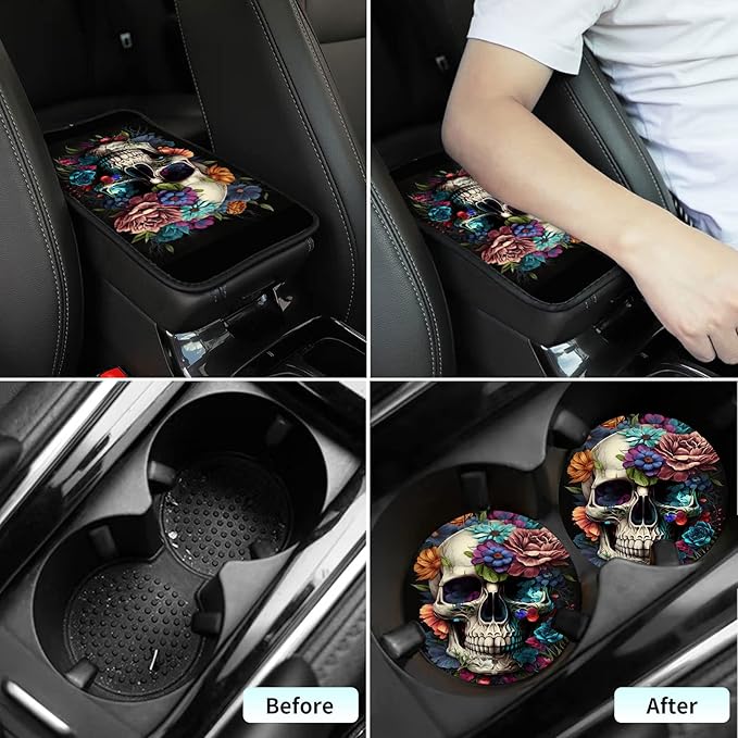 Auto Center Console Cover Arm Rest Cover for Car Truck,Universal Waterproof Car Armrest Cover Pad Middle Console Storage Box Covering Protector+Car Coasters-Skull Flower