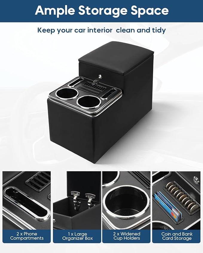 Center Console Between Seat with a Lock, Center Console Organizer for Minivans, Truck & Motorhome, Automotive Center Consoles with Cup and Phone Holder