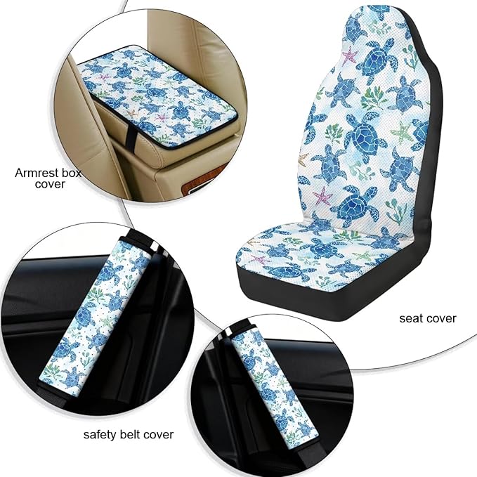 Oramclsy Turtle Car Front Seat Covers Protector Accessories with PU Breathable Armrest Pad and Seat Belt Cover 5 Pack Set Interior Decor All Season Protector