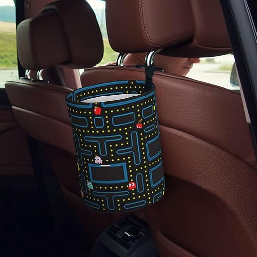 Retro Video Game Pattern Car Trash Can Leak Proof Hanging Waterproof Garbage Can Multipurpose Trash Bin for Car SUV Front Seat Headrest Collapsible and Portable Storage Pocket