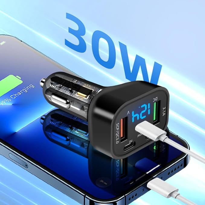 Full PD 30W Multi Port USB C Car Charger Adapter 5 in 1 with Voltage Display, PD4.0/QC4.0/PPS/AFC Super Fast Charging Cigarette Lighter Adapter with Volt Meter for MacBook iPhone Galaxy Android Phones