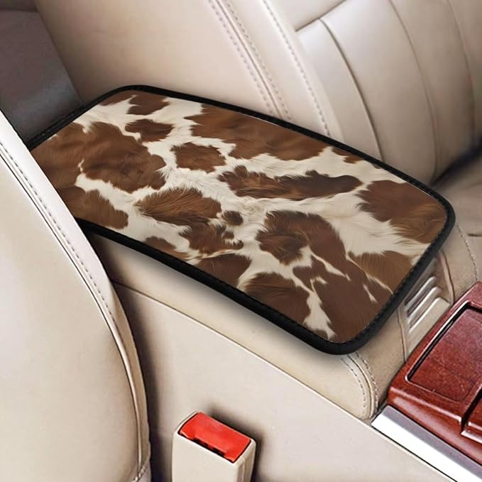 Car Center Console Cover Brown Animal Print Armrest Cover Cushion Cow Cute Universal Car Armrest Seat Box Pad Car Interior Accessories Protector for Vehicle, SUV, Truck, Sedans