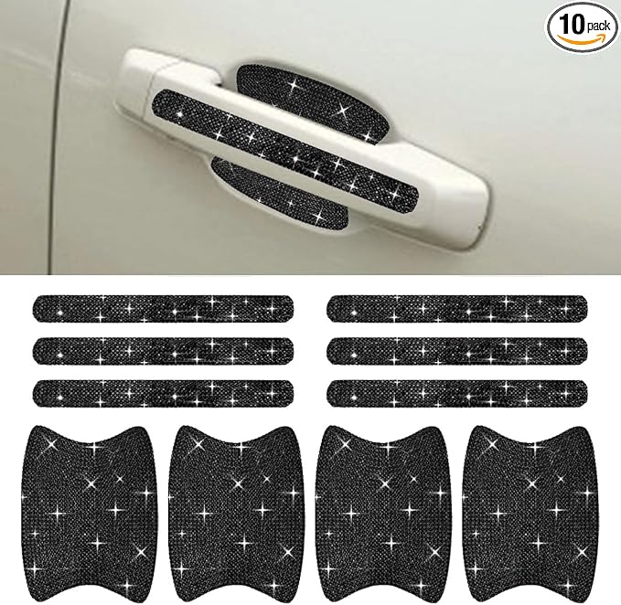 10PCS Bling Car Door Handle Protector, Crystal Rhinestone Anti-Scratch Car Bowl Decoration Sticker Decal, Universal Auto Exterior Door Protective Covers Accessories for Women (Black)