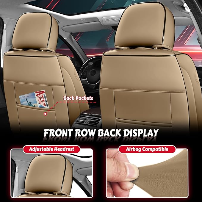 LPDK Fit for Kia Sportage Car Seat Covers Front Set 2pcs with Waterproof Leather,Lumbar Muscle Pain Healing Function,Airbag Compatible Automotive Breathable Seat Protectors(Ivory Coffe with Pillow)