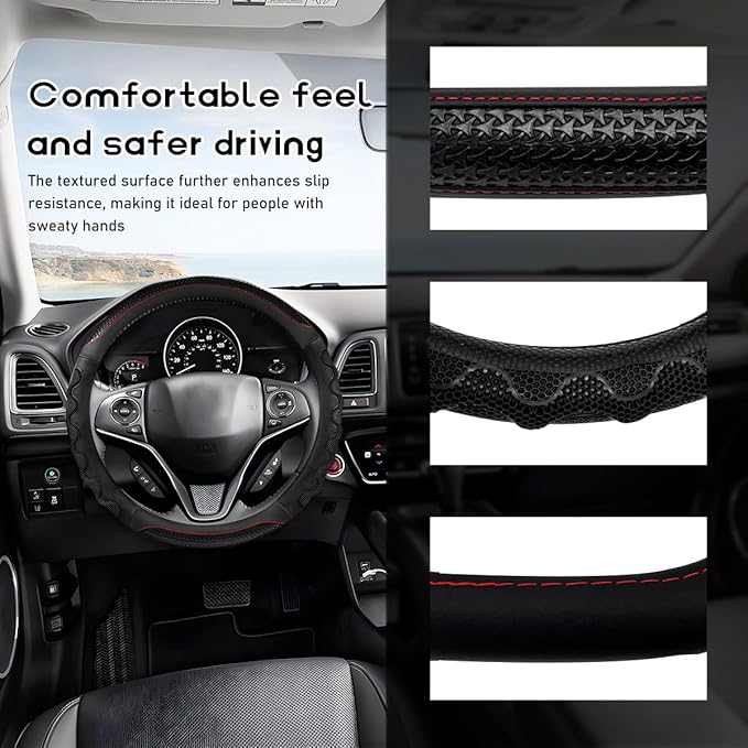 Car Steering Wheel Cover, 15 Inches 3D Honeycomb Design Car Steering Wheel Protector with Comfy Grip, Breathable Anti-Slip D-Shaped Steering Wheel Sleeve for Most Vehicles (Black, Round)