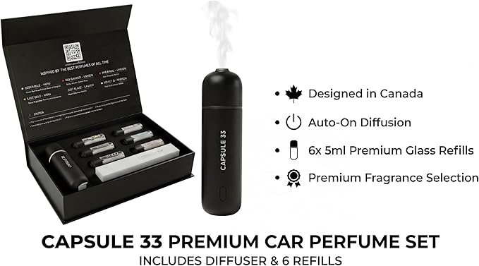 Capsule 33 Car Perfume Starter Pack, Car Air Freshener, Ultrasonic Aroma Diffuser, 6 Fragrances (White Crystal, Red Diamond, East Gold, Ocean Blue, Sweet Cherry, Light Pink) (Black)