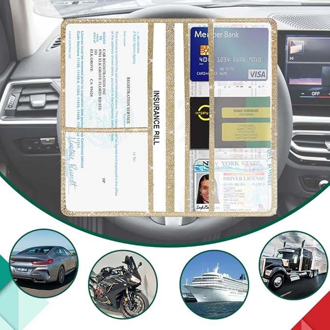 Vehicle Glove Box Car Organizer, Car Registration and Insurance Holder, Insurance Card Holder for Cars, Leather Card Holder Interior Auto Accessories for Women (Glitter-Gold)