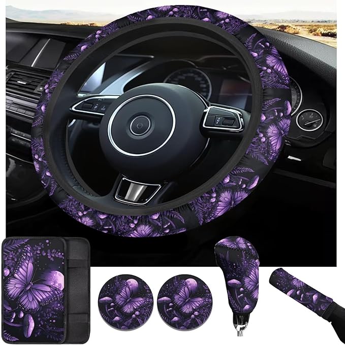 Purple Butterfly Car Steering Wheel Cover Set for Men Women Cute Mushroon Print Cup Coaster Car Armrest Cover Fits Most Cars Trucks Vans and SUV