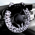 Dotesy 3D Ear Furry Cheetah Car Steering Wheel Cover Set Fluffy Faux Wool Steering Wheel Protector Leopard Anti-Slip Soft Warm Car Accessories for Women (White Black)