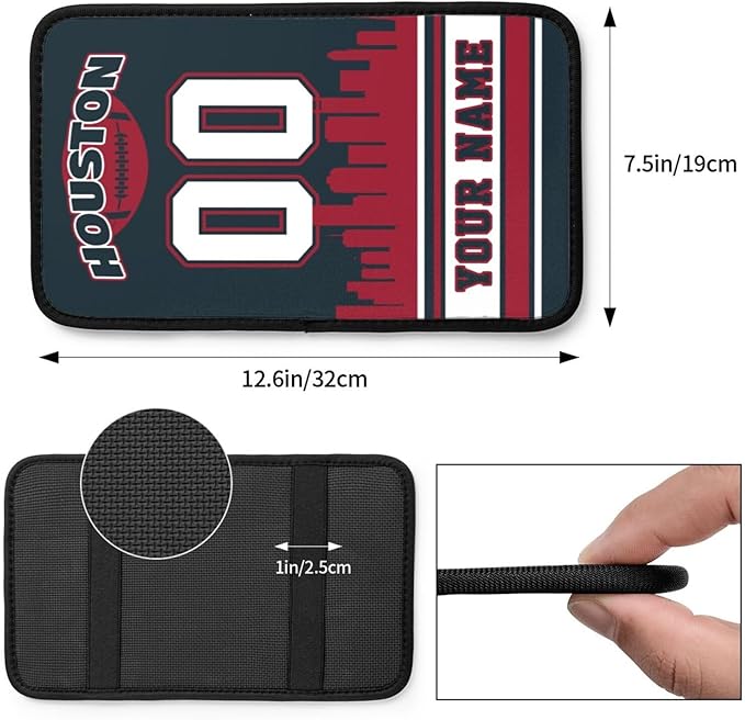 Custom Houston Car Armrest Covers Personalized Football Style with Name Number Customized Auto Center Console Pad Car Handrail Box Cushion for Most Vehicle Decor Accessories, Fans Gift