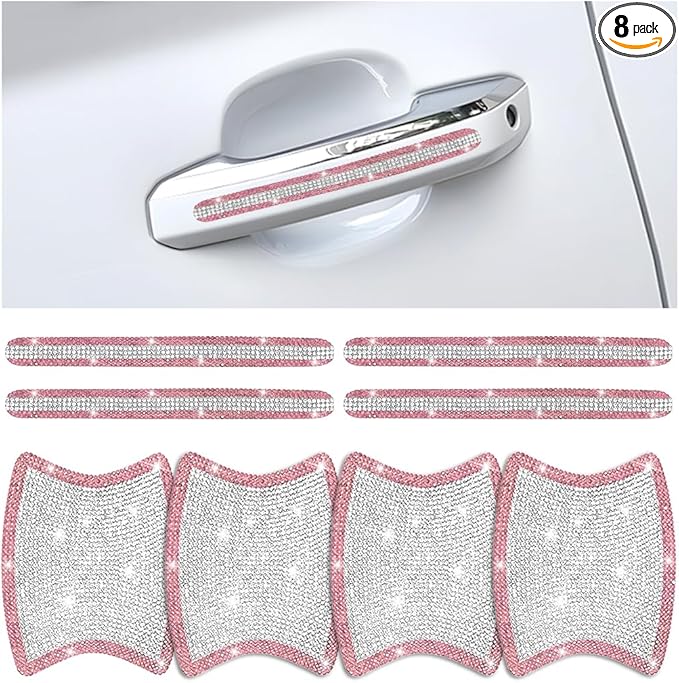 Mandark 8PCS Bling Car Door Handle Protector, Crystal Rhinestone Vehicle Door Bowl Protective Sticker, Glitter Anti-Scratch Auto Decor Decals Accessories, Universal for SUV, Sedan, Truck (White/Pink)