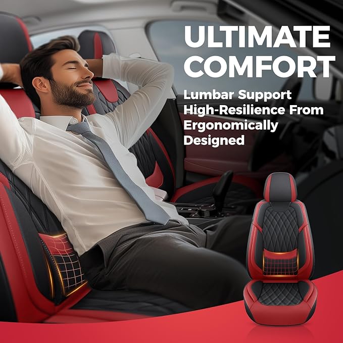 FREESOO Front Seat Covers for Cars - Ultra Breathable Waterproof Faux Leather Car Seat Cover Protectors with Lumbar Support, Universal Fit for Most 5 Seats Vehicles Sedans Hatchbacks Pickup, Black Red