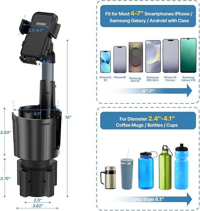 AKREDERY Car Phone Mount with Cup Holder Expander - Upgraded Anti-Shake 2-in-1 Cup Phone Holder for SUVS Trucks with Adjustable Aluminium Alloy Long Neck, fit for iPhone Samsung Galaxy (Black)