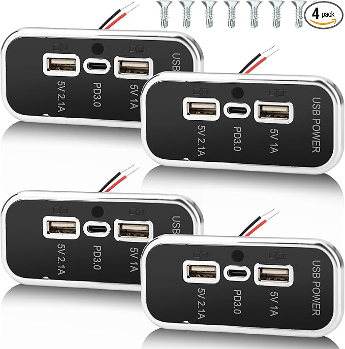 4PCS Gibbab 3 Ports 12V RV USB Outlet 45.5W, PD3.0 Type-C Quick Charge & Dual USB A Port 3.1A Panel Wall Mount, Automotive Car Socket Charger Adapter for RV Marine Boat Bus ATV Motorcycle Truck