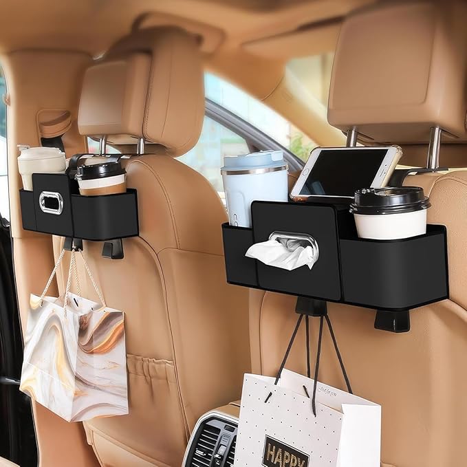SADIFOKPLY 4-in-1 Back Seat Car Organizer, Upgraded Multifunctional Car Storage Box, Hanging Back Seat Storage Organizer, Partition Design, with Phone Holder, Tissue Box, 2 Cup Holders, 2 Hooks