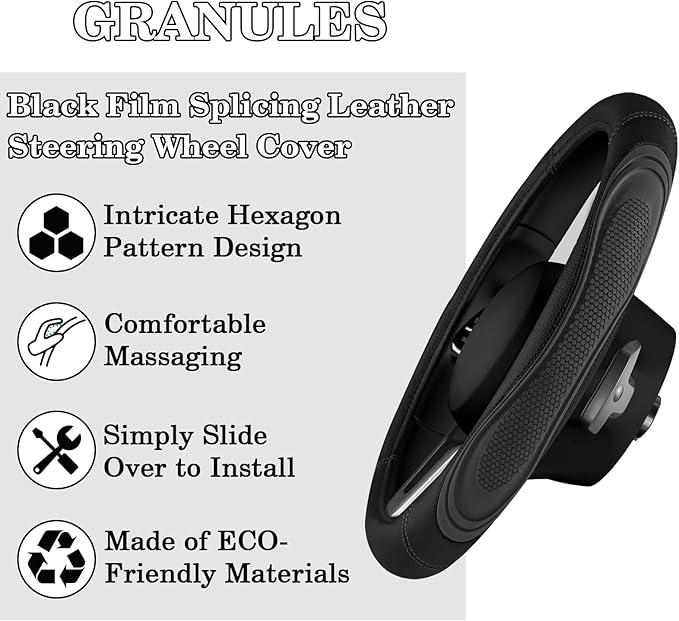 Black Film Splicing Leather Steering Wheel Cover, Microfiber Leather, Anti-Slip, Breathable, Universal Fit for 14.5–15 in Steering Wheel Cover for Men Women
