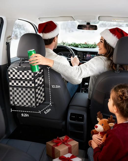 HORJONES Corduroy Car Trash Can with Lid and Mesh Pockets - Leakproof Organizer,Multipurpose Waterproof Garbage Can/Trash Bin for Car(Black and White Check-2 Gallons)