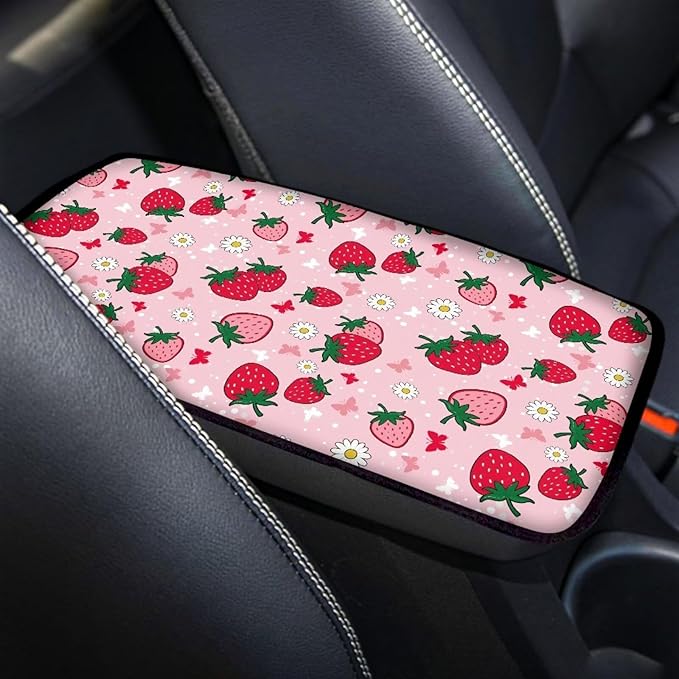 Horeset Pink Strawberry Car Center Console Covers Auto Accessories Anti-Scratch Non-Slip Arm Rest Cushion Protector Fit SUV Sedan Truck