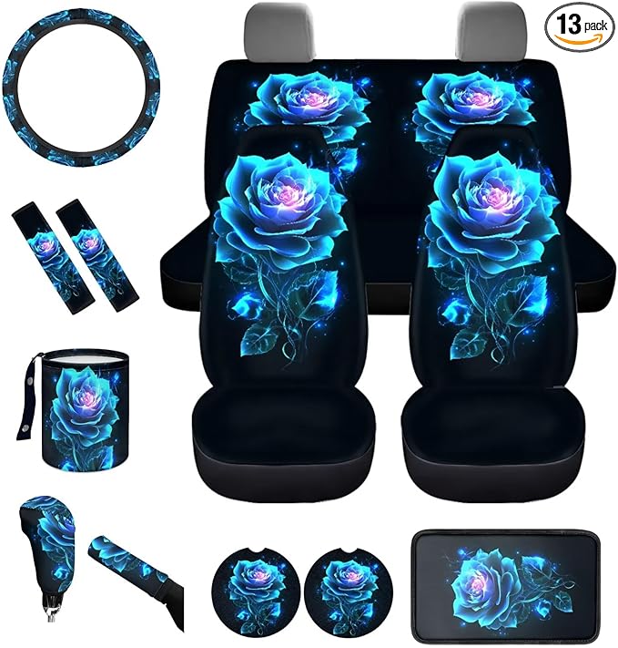 Dngkaoje 13 Pack Neon Flowers Car Seat Covers Full Set,Universal Front and Rear Split Bench Seat Covers for Cars Blue Rose Print Hanging Trash Bag,Seatbelt Shoulder Pads,Armrest Cushion Pad