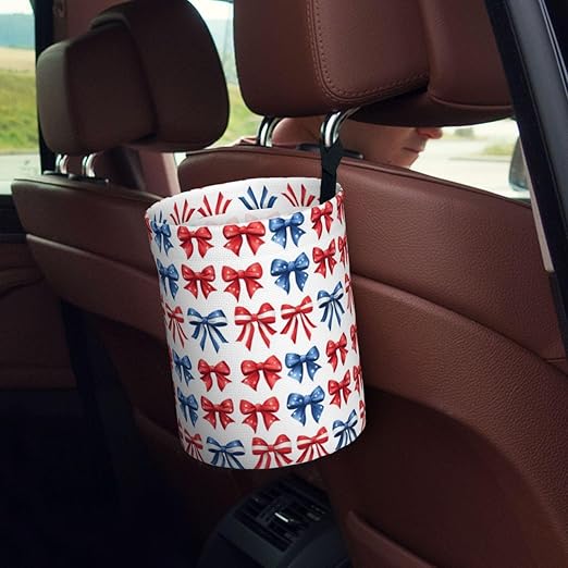 Red Blue Bow Car Trash Can Leak-Proof Waterproof Hanging Trash Bin Collapsible Garbage Can for Car Accessories Travelling Camping