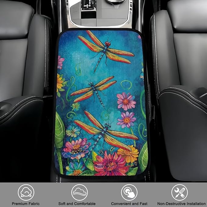 Bulopur Dragonfly Armrest Cover Car Easy to Install Car Center Console Cushion Pad Flannel Auto Armrest Console Car Accessories Comfortable Universal Fit Most Cars Women Men