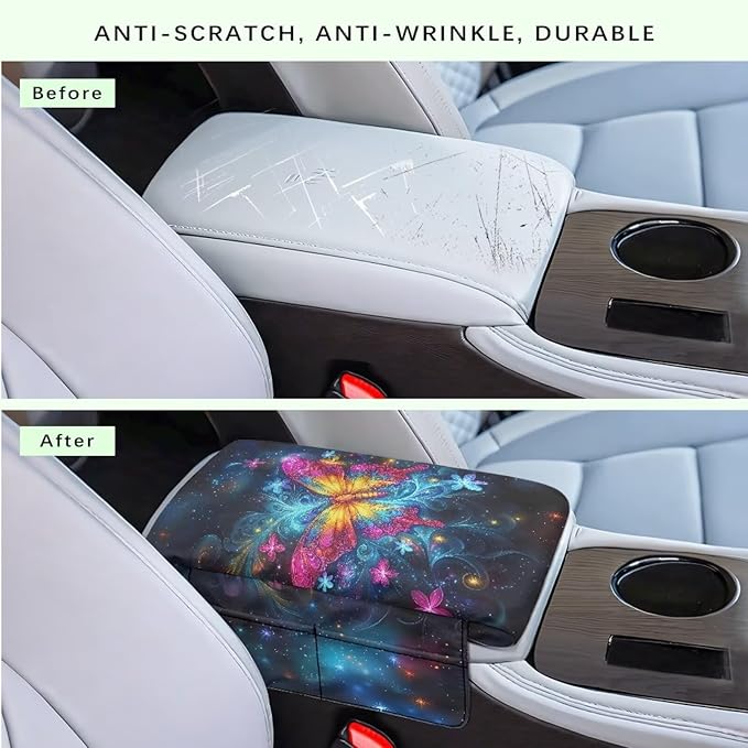Dreaweet Car Center Console Cover with Pockets Galaxy Butterfly Car Accessories Thick Arm Rest Cover for SUV Truck Sedan Non Slip Comfortable Armrest Cushion Cover Pad